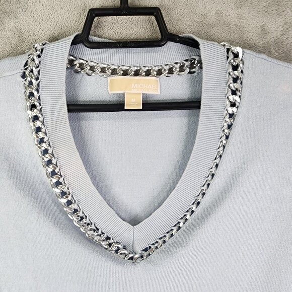 Womens Light Blue Michael Kors Sweater Chain Detail V-Neck Long Sleeve Size M - Picture 7 of 14